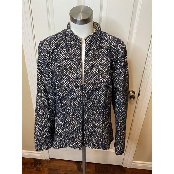 Lafayette 148 New York Navy Blue Cream Textured Patterned Zip-Up Jacket, Size 14 - Picture 1 of 5